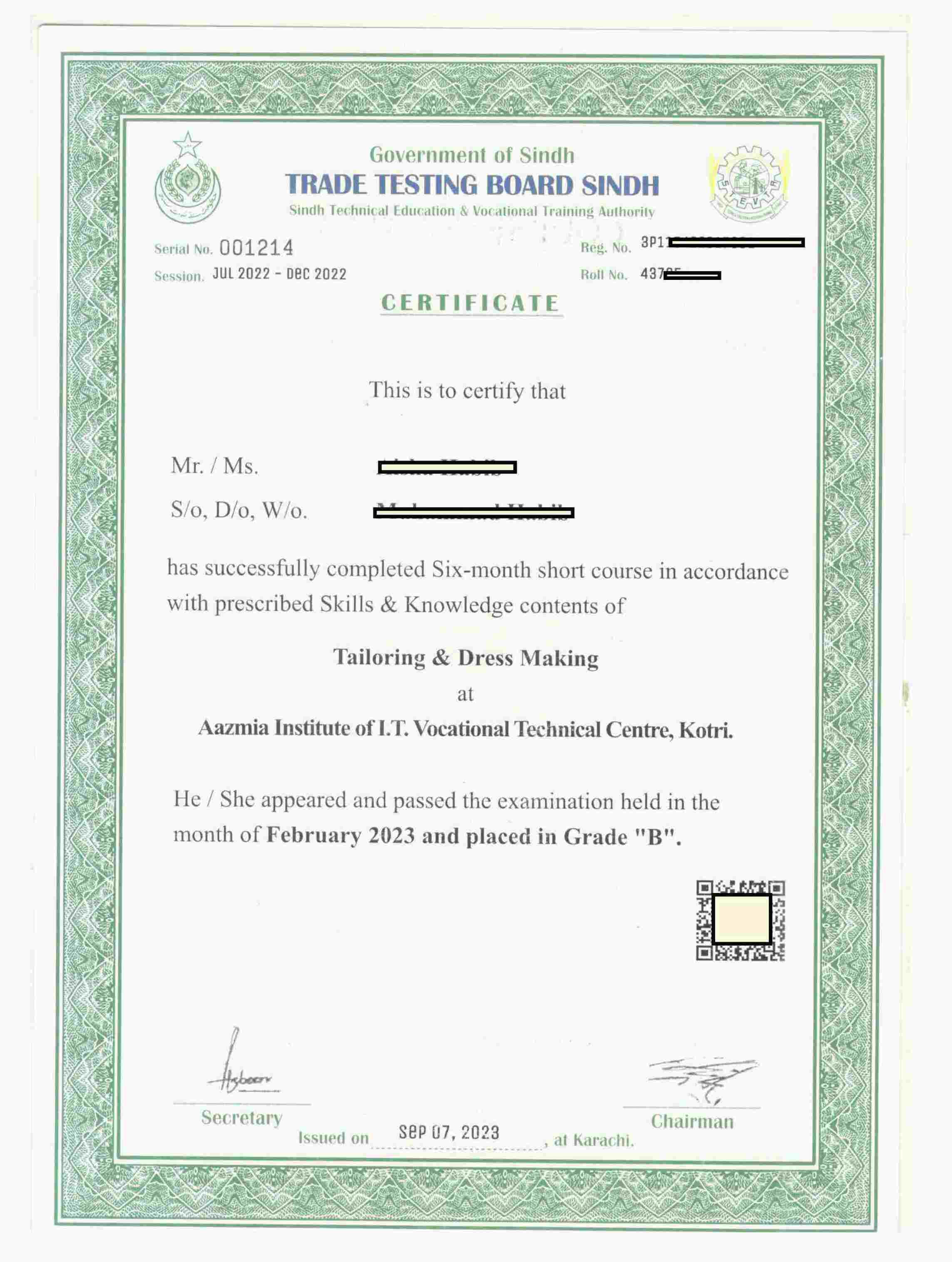 Tailoring certificate